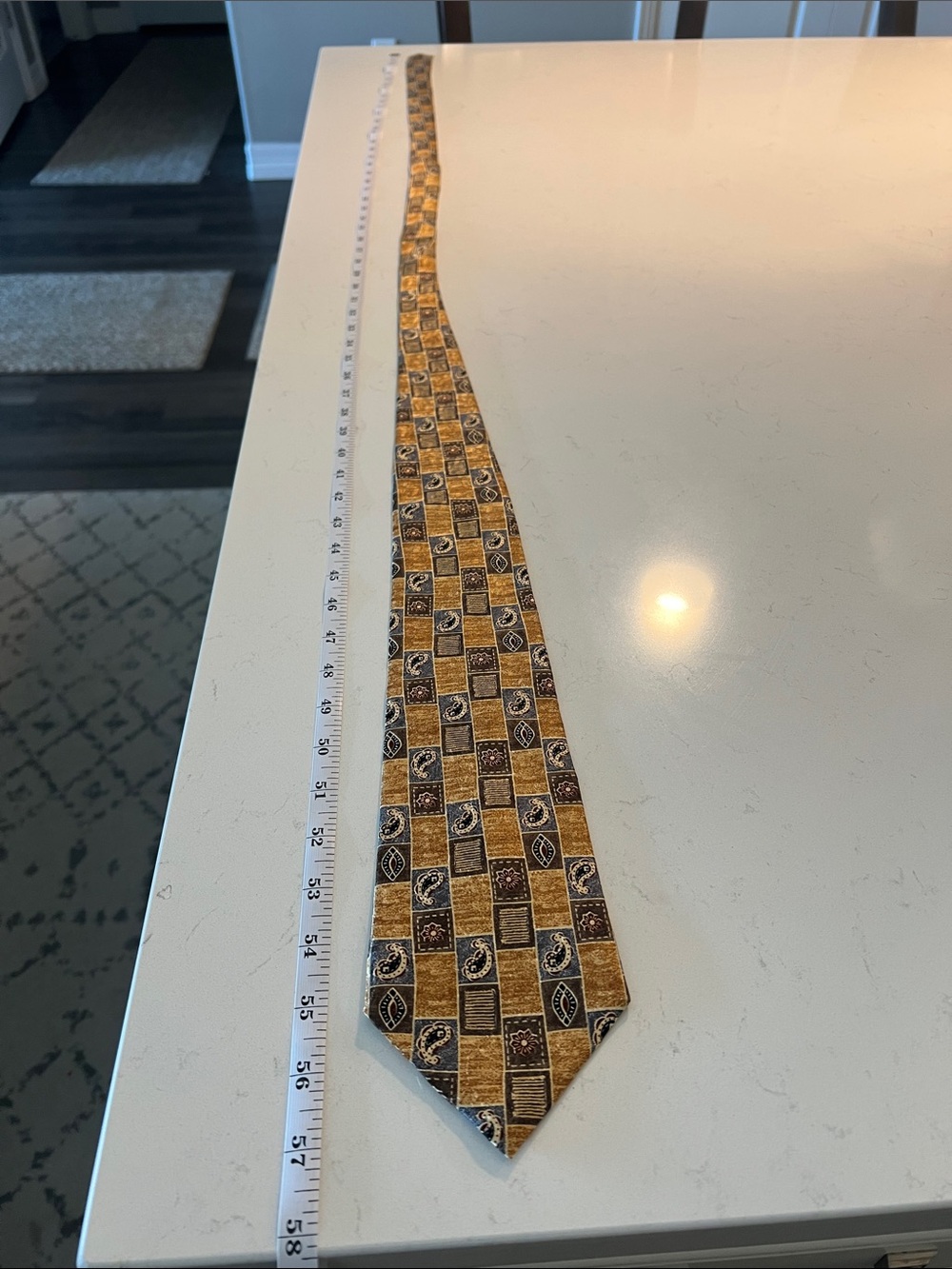 Perry Ellis Portafolio Gold, Brown and blue Patterned Silk Tie